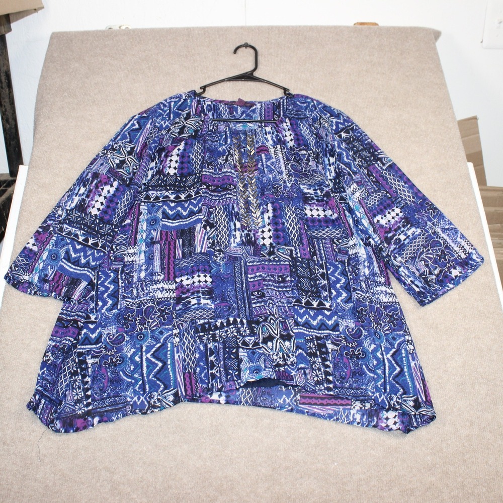Gloria Vanderbilt Petite Blue Purple Geometric Patchwork Blouse Top PL 3/4 Slv